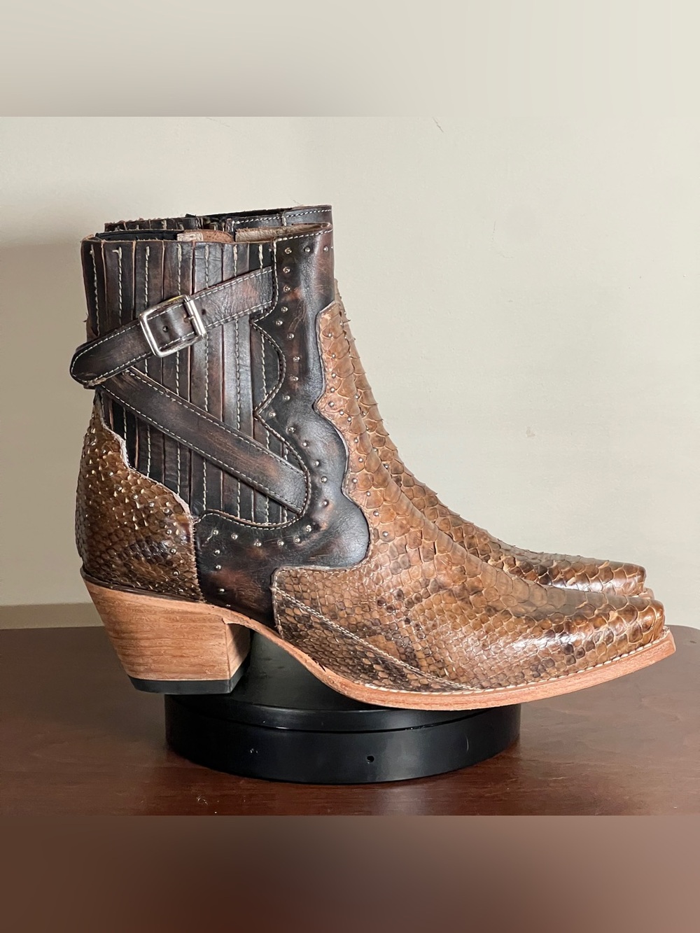 Freebird Morgan Python Cowgirl Bootie, Black and Brown, “Tan Python”, US 12